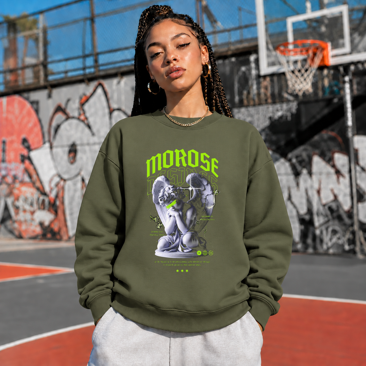 Morose Desires Statue Sweatshirt – Religious Imagery Collage Graphic Sweatshirt - Color: military green