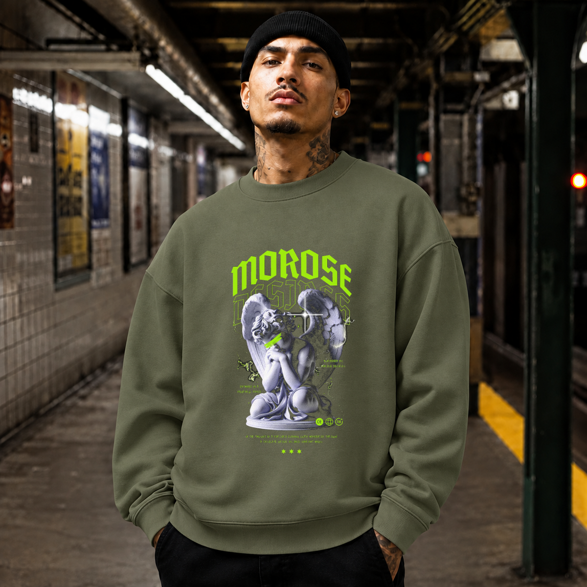 Morose Desires Statue Sweatshirt – Religious Imagery Collage Graphic Sweatshirt - Color: military green