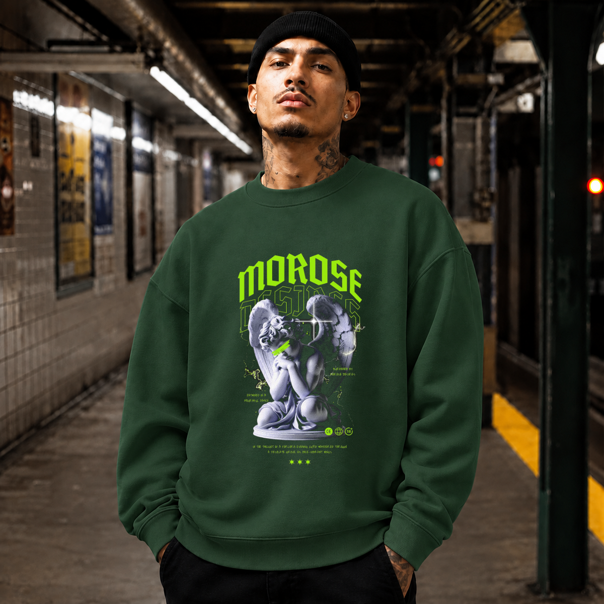 Morose Desires Statue T-Shirt – Religious Imagery Collage Graphic Tee - Color: forest green