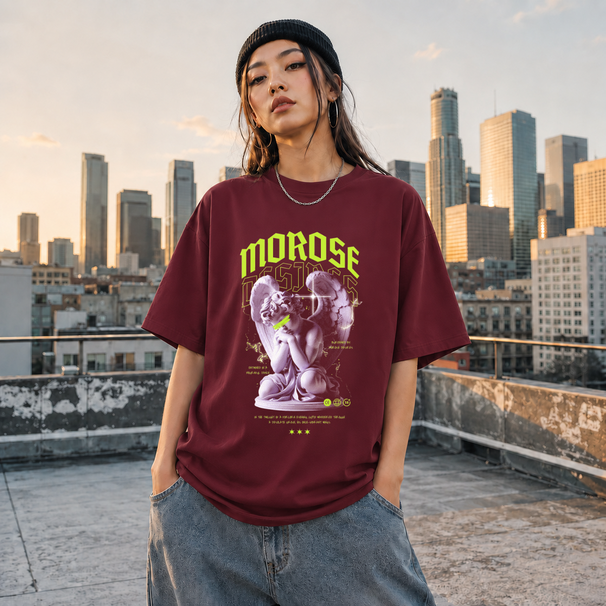 Morose Desires Statue T-Shirt – Religious Imagery Collage Graphic Tee - Color: Maroon