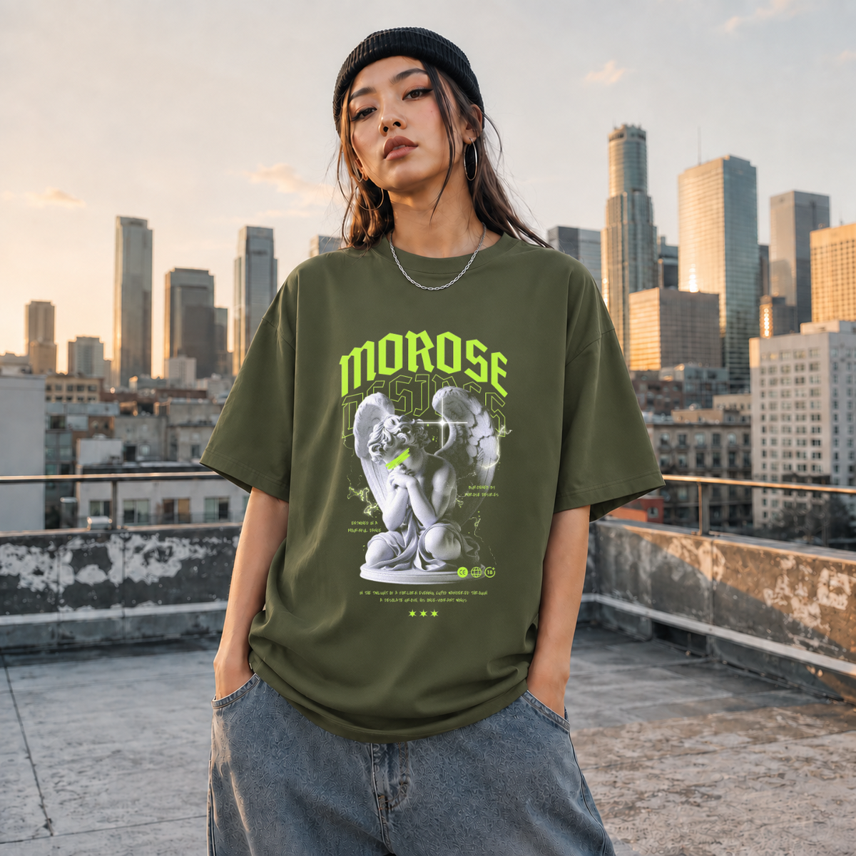 Morose Desires Statue T-Shirt – Religious Imagery Collage Graphic Tee - Color: Millitary Green