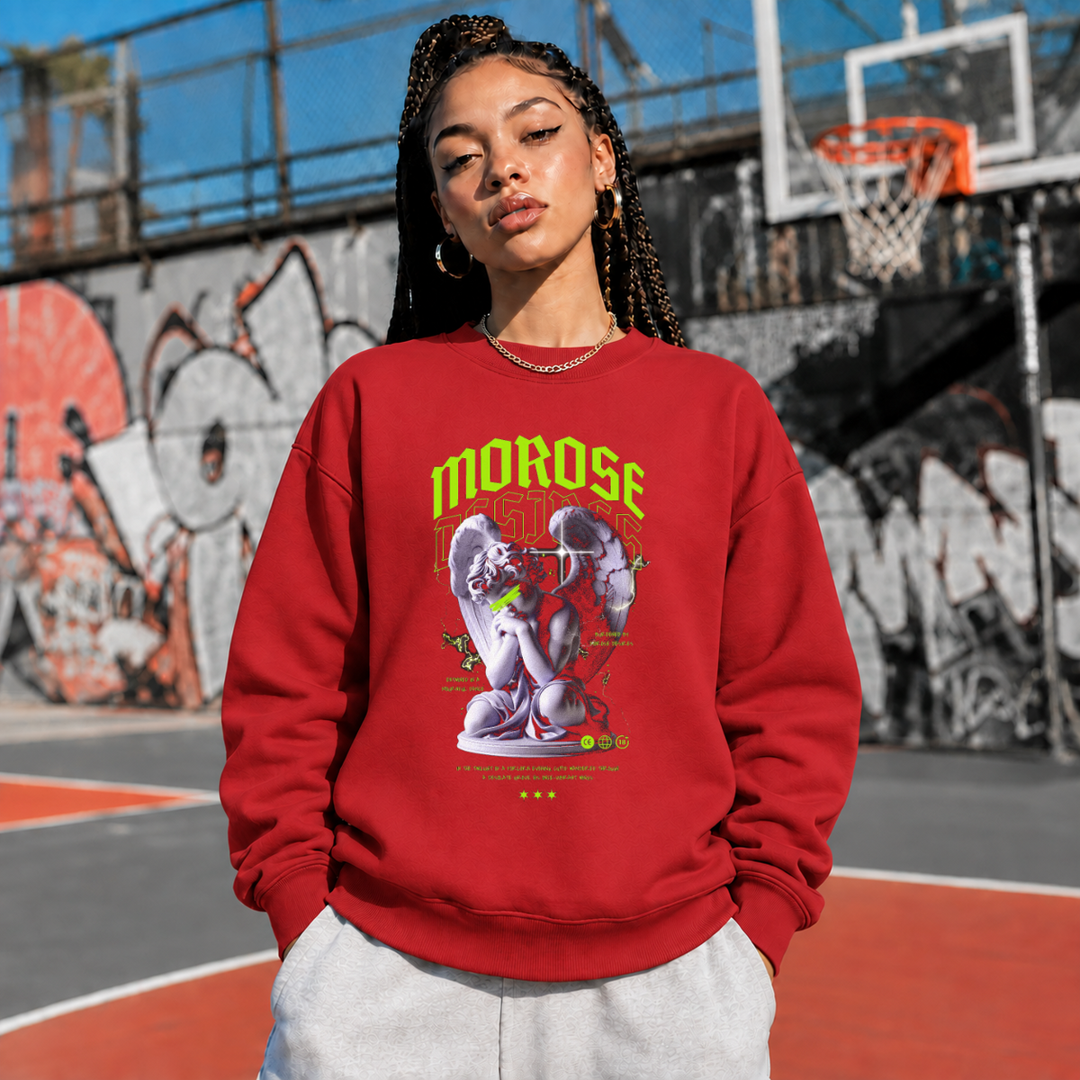 Morose Desires Statue T-Shirt – Religious Imagery Collage Graphic Tee - Color: red