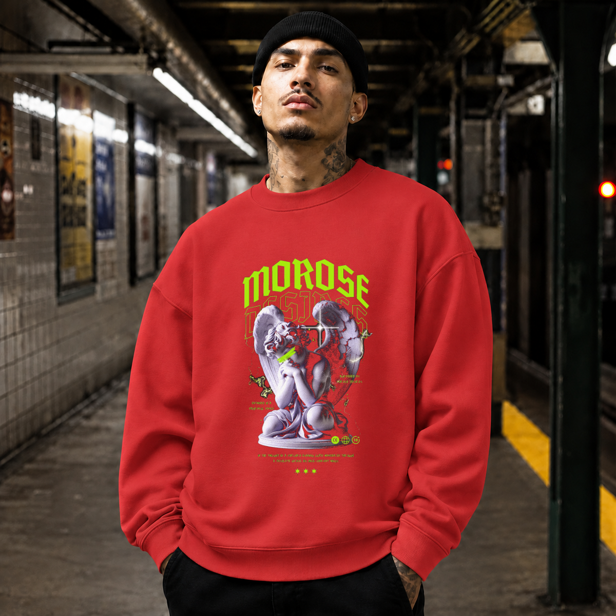 Morose Desires Statue T-Shirt – Religious Imagery Collage Graphic Tee - Color: red