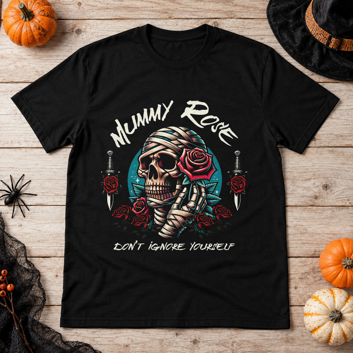 Mummy Rose T-Shirt – Zombie & Monster Horror Graphic Graphic Tee - Color: black