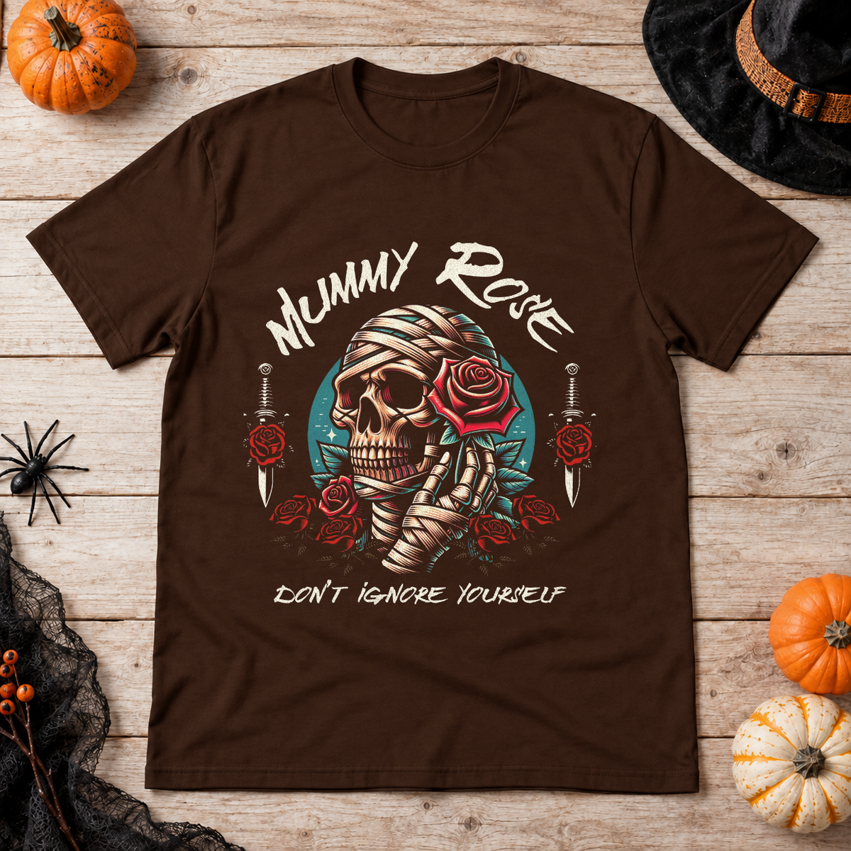 Mummy Rose T-Shirt – Zombie & Monster Horror Graphic Graphic Tee - Color: chocolate