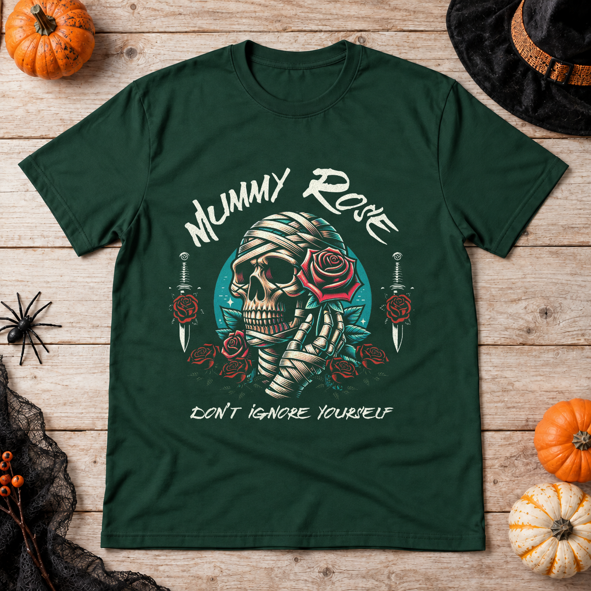 Mummy Rose T-Shirt – Zombie & Monster Horror Graphic Graphic Tee - Color: forest green