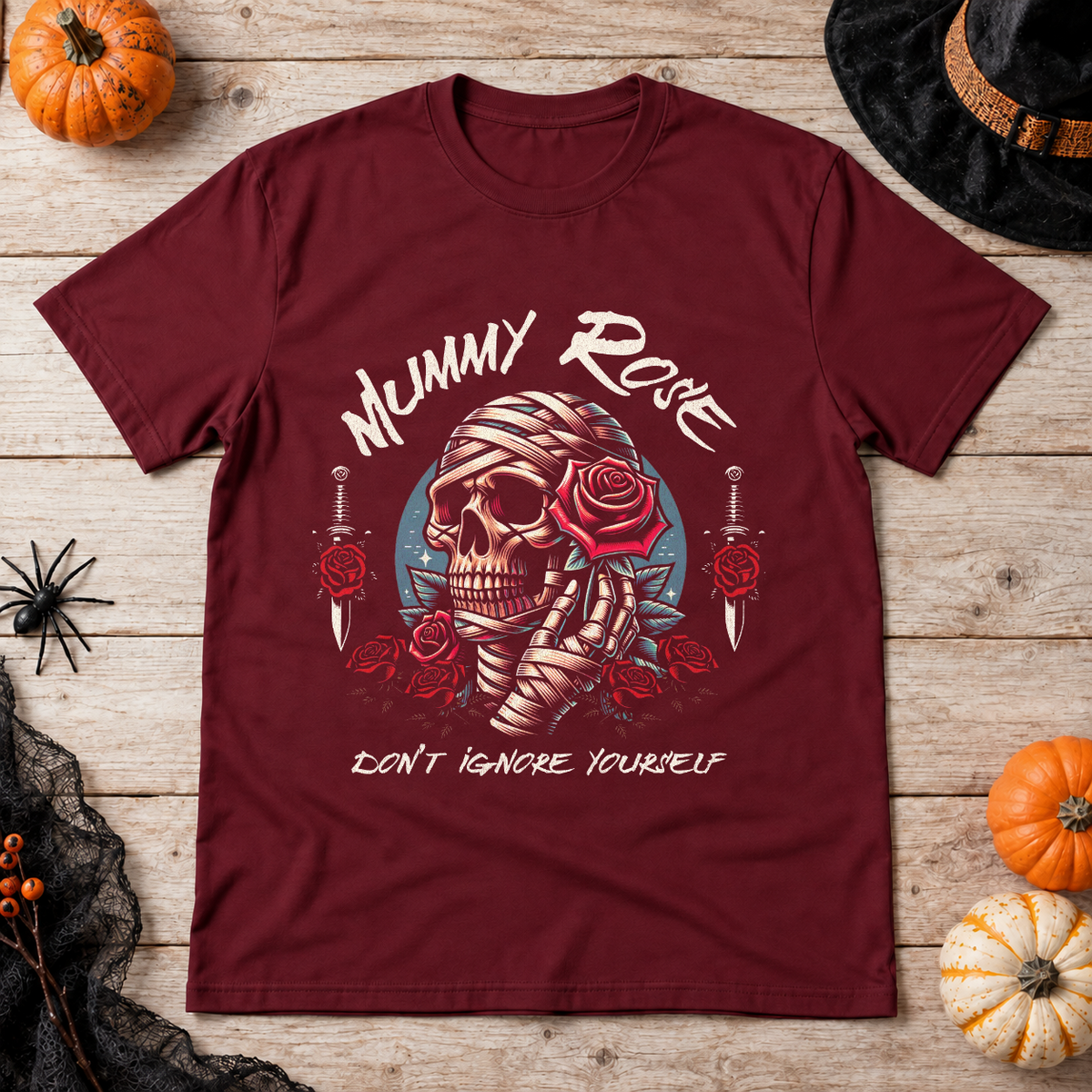 Mummy Rose T-Shirt – Zombie & Monster Horror Graphic Graphic Tee - Color: maroon