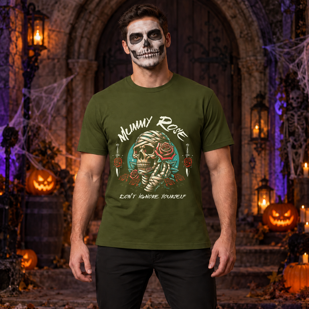 Mummy Rose T-Shirt – Zombie & Monster Horror Graphic Graphic Tee - Color: military green