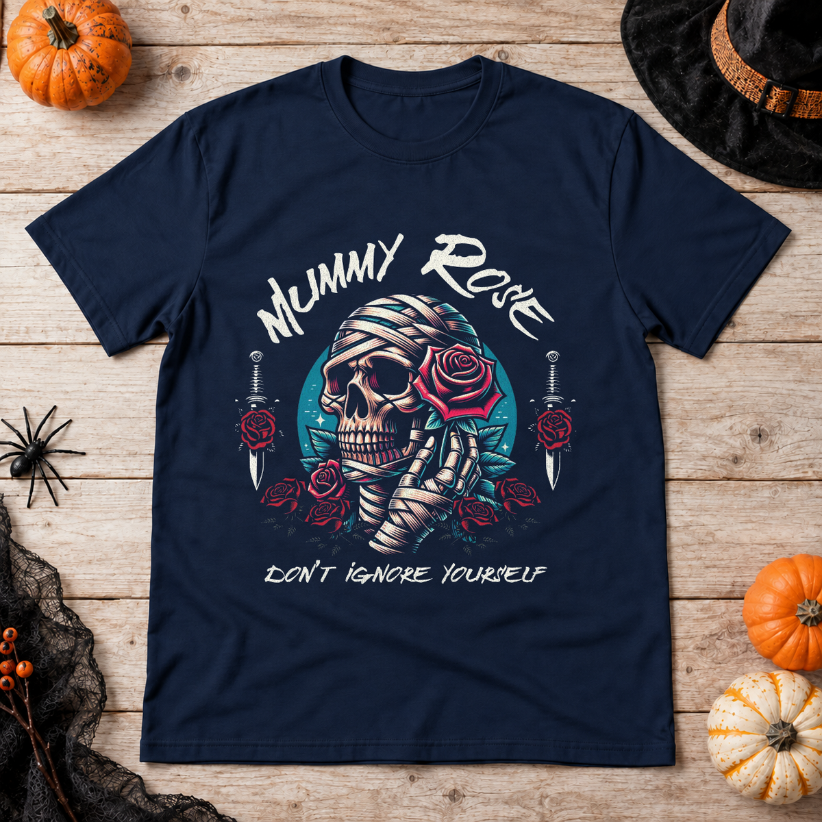 Mummy Rose T-Shirt – Zombie & Monster Horror Graphic Graphic Tee - Color: navy