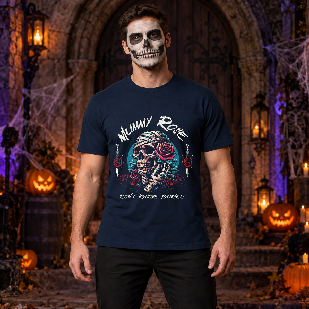 Mummy Rose T-Shirt – Zombie & Monster Horror Graphic Graphic Tee - Color: navy