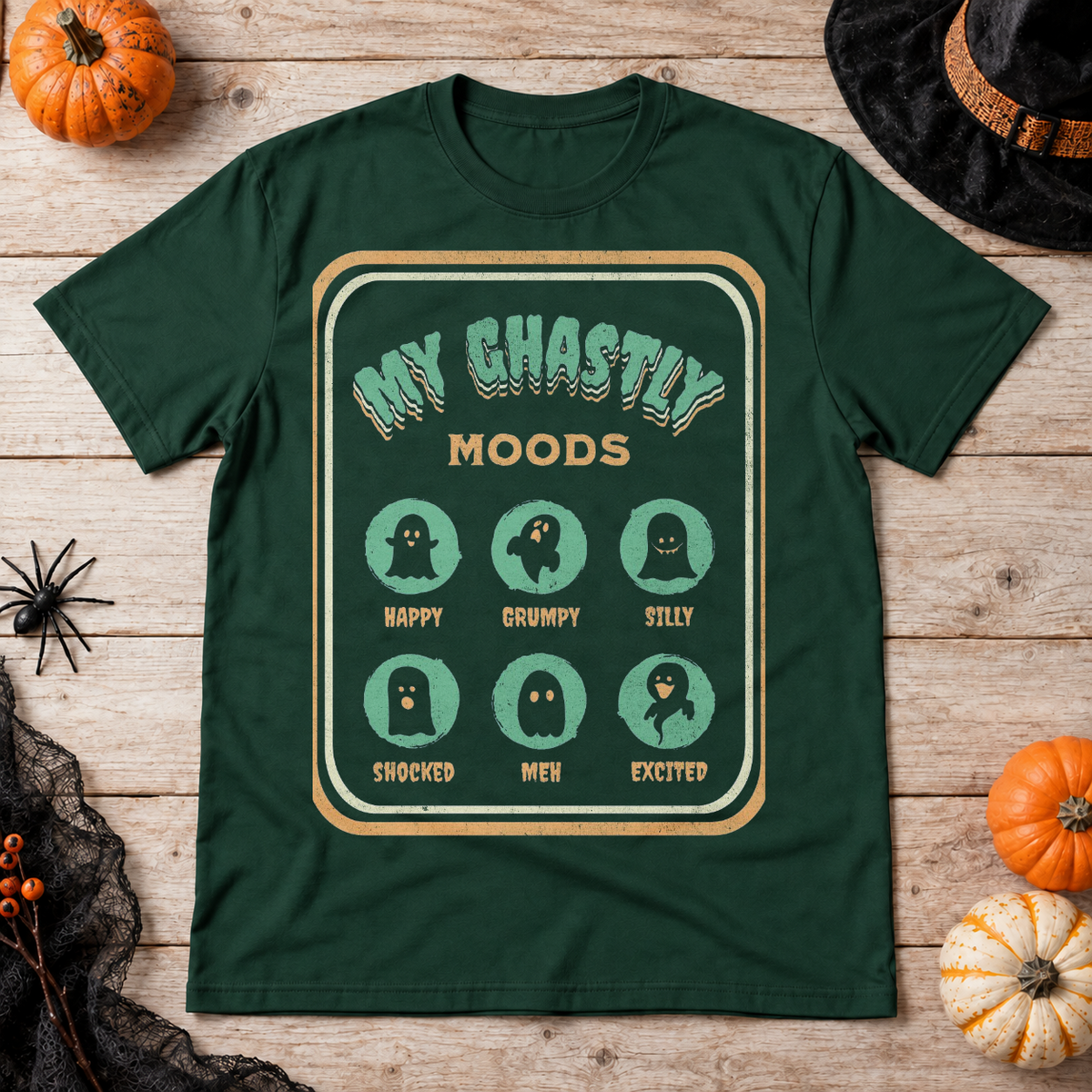 My Ghastly Moods - Humor Ghost T-Shirt – Skull & Reaper Gothic Graphic Graphic Tee - Color: forest green