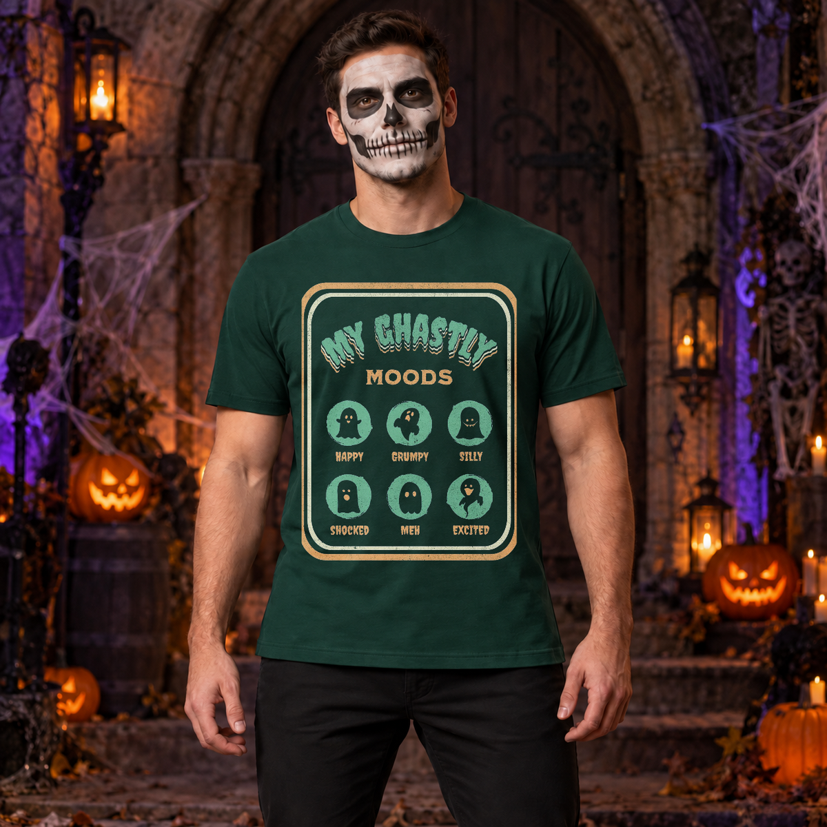 My Ghastly Moods - Humor Ghost T-Shirt – Skull & Reaper Gothic Graphic Graphic Tee - Color: forest green