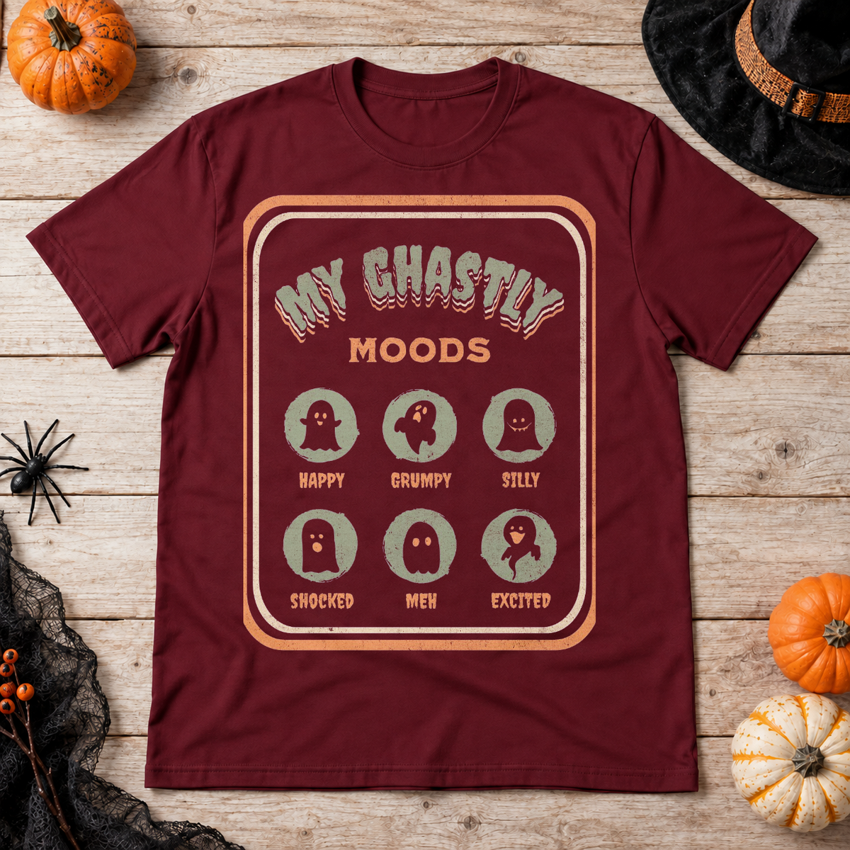 My Ghastly Moods - Humor Ghost T-Shirt – Skull & Reaper Gothic Graphic Graphic Tee - Color: maroon