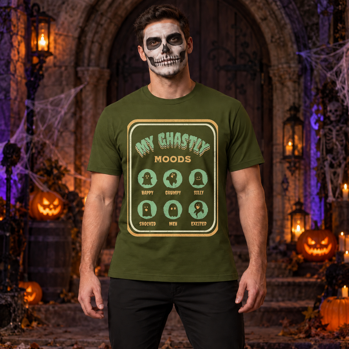 My Ghastly Moods - Humor Ghost T-Shirt – Skull & Reaper Gothic Graphic Graphic Tee - Color: military green