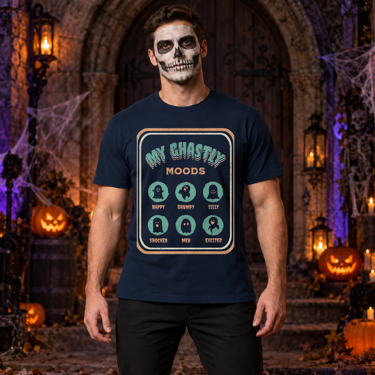 My Ghastly Moods - Humor Ghost T-Shirt – Skull & Reaper Gothic Graphic Graphic Tee - Color: navy