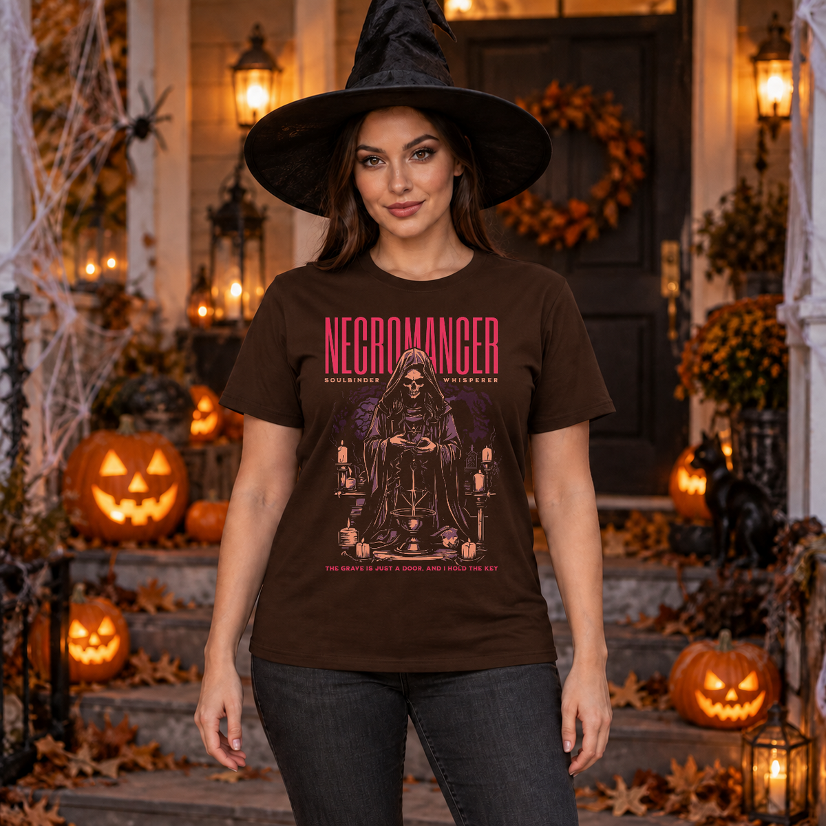 Necromancer T-Shirt – Skull & Reaper Gothic Graphic Graphic Tee - Color: chocolate
