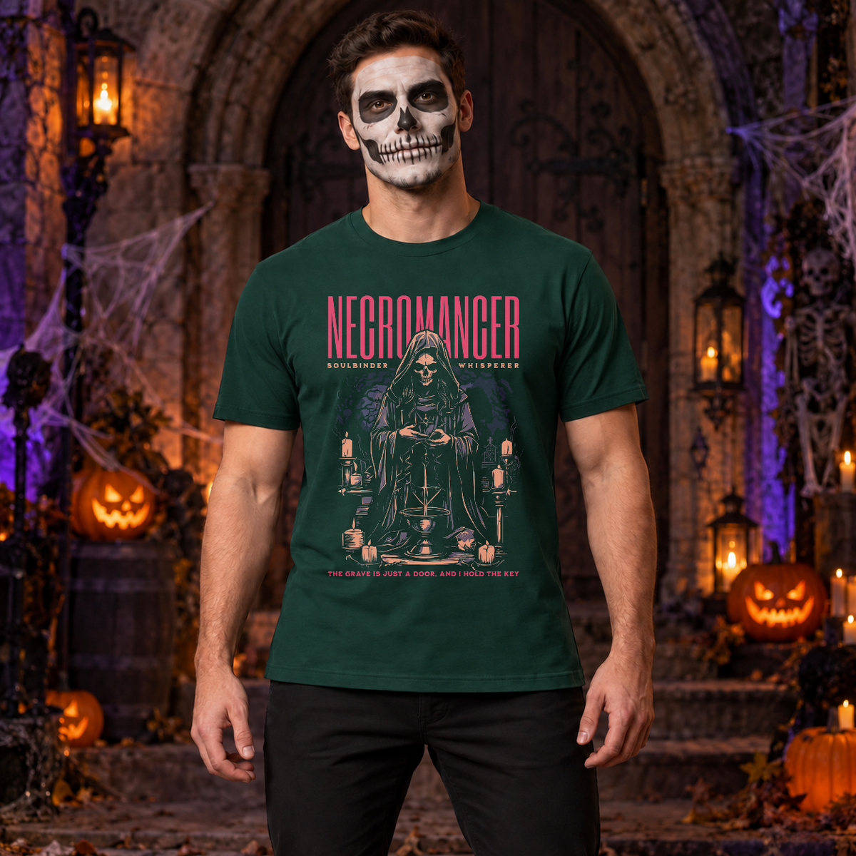 Necromancer T-Shirt – Skull & Reaper Gothic Graphic Graphic Tee - Color: forest green