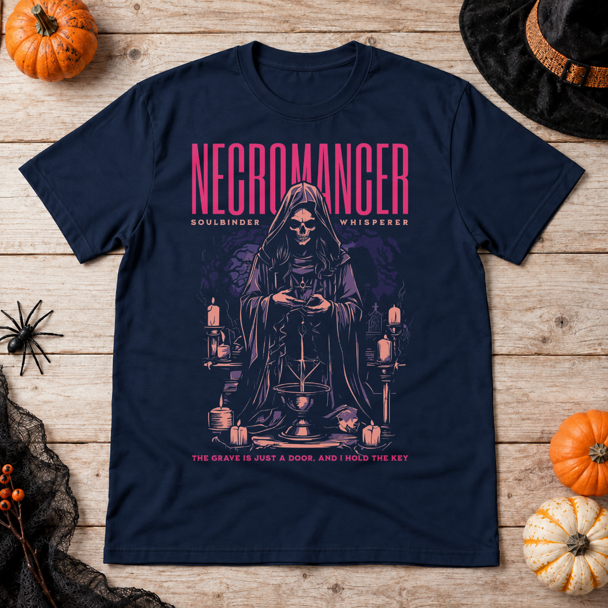 Necromancer T-Shirt – Skull & Reaper Gothic Graphic Graphic Tee - Color: navy