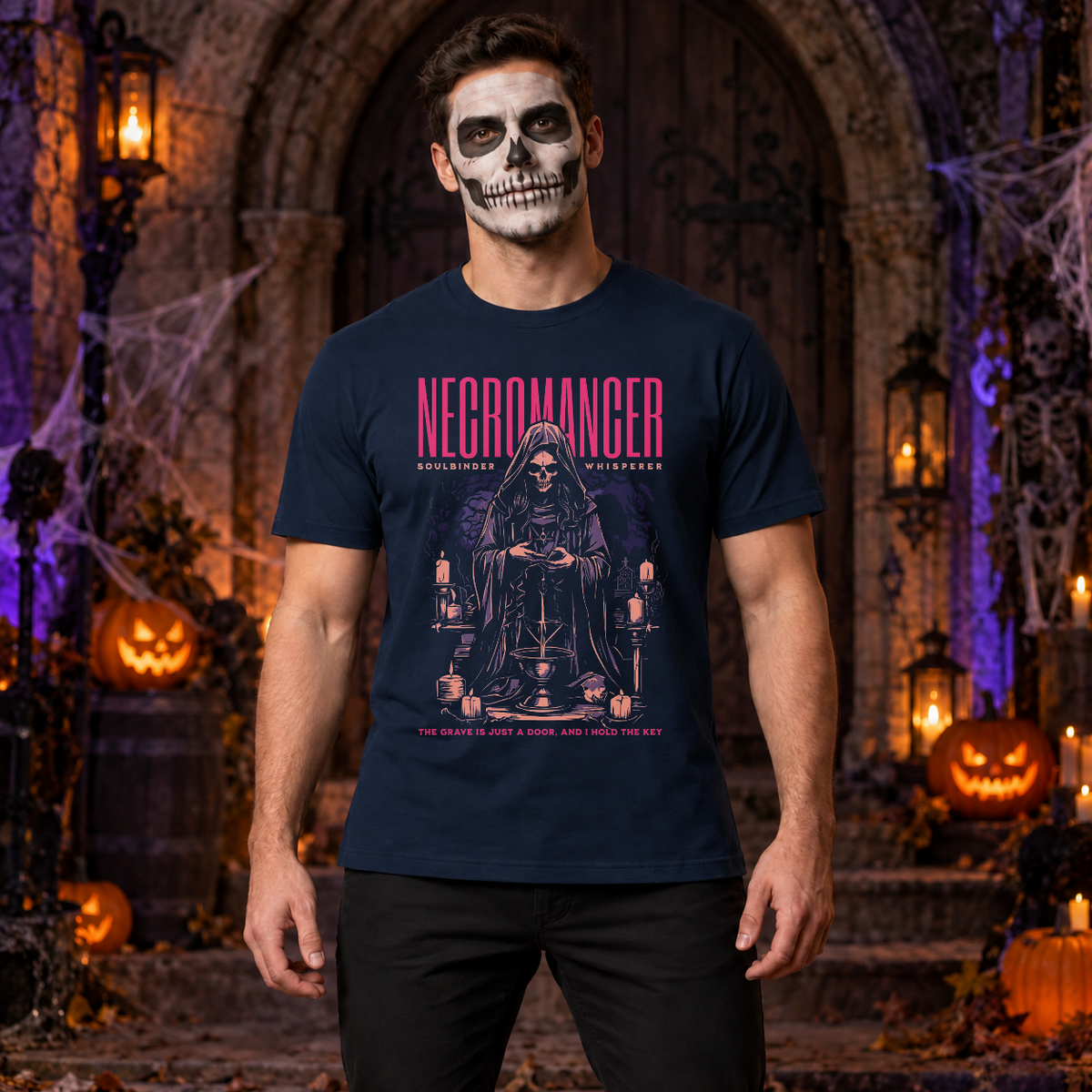 Necromancer T-Shirt – Skull & Reaper Gothic Graphic Graphic Tee - Color: navy