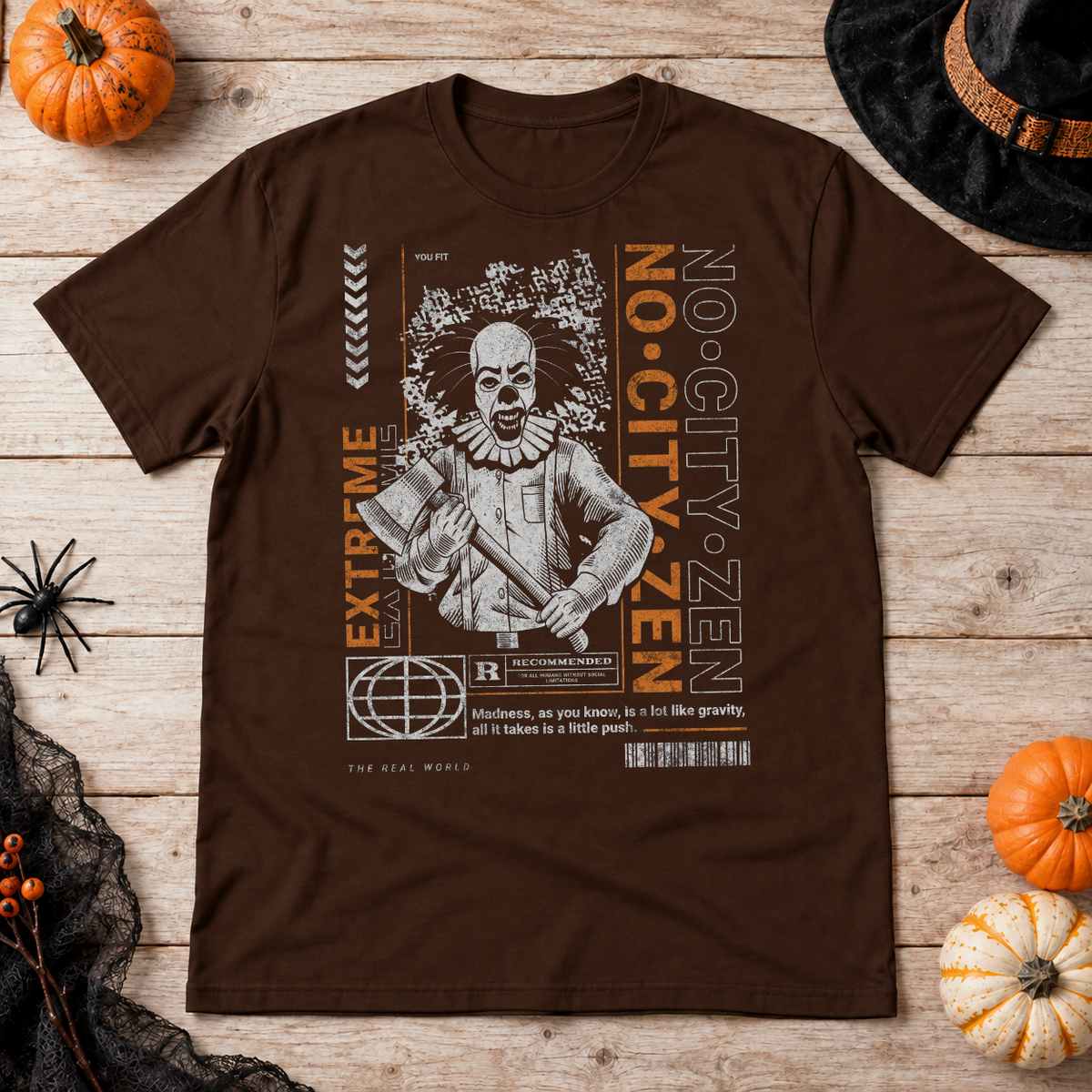 No City Zen Streetwear - Killer Clown T-Shirt – Punk Rock Streetwear Graphic Graphic Tee - Color: chocolate