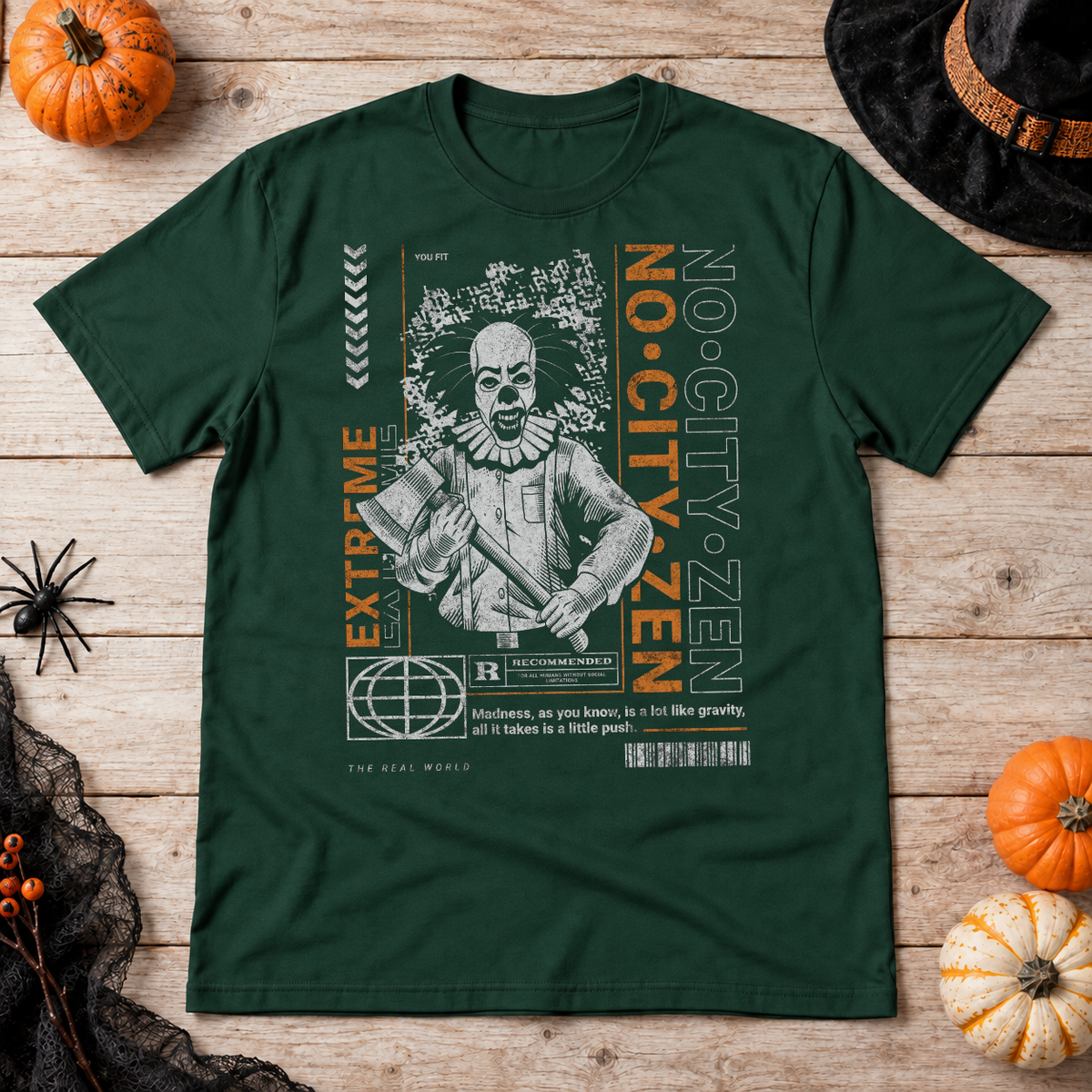 No City Zen Streetwear - Killer Clown T-Shirt – Punk Rock Streetwear Graphic Graphic Tee - Color: forest green