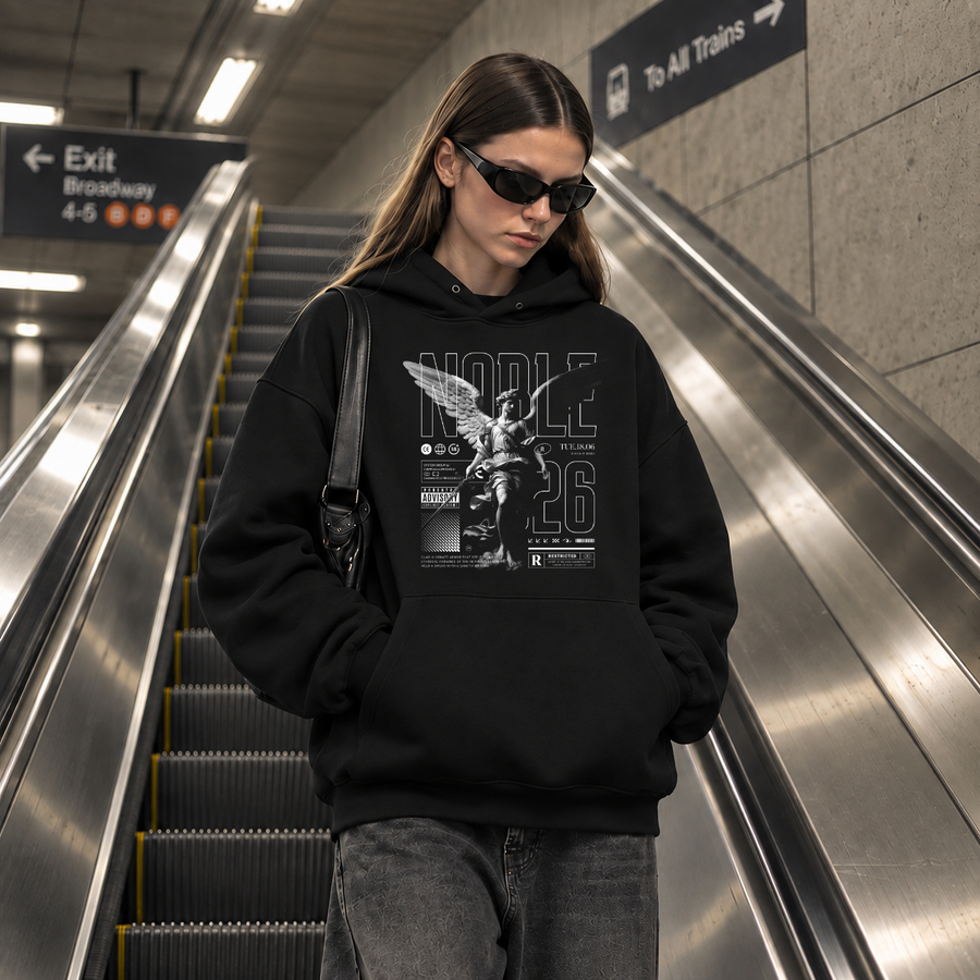 Noble Sword Angel Hoodie – Dark Editorial / Gothic Streetwear Hoodie - Color: black