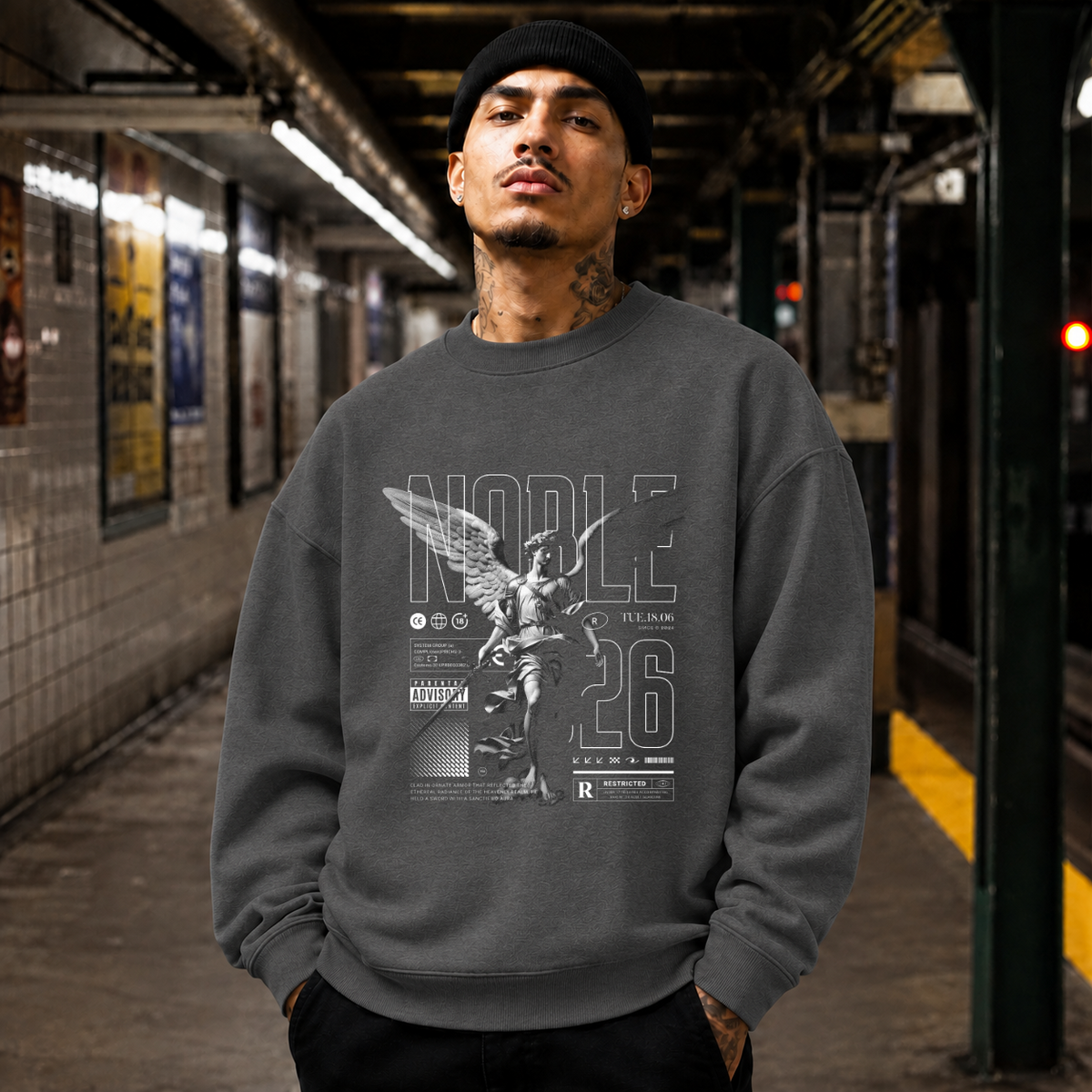 Noble Sword Angel T-Shirt – Dark Editorial / Gothic Streetwear Tee - Color: dark heather