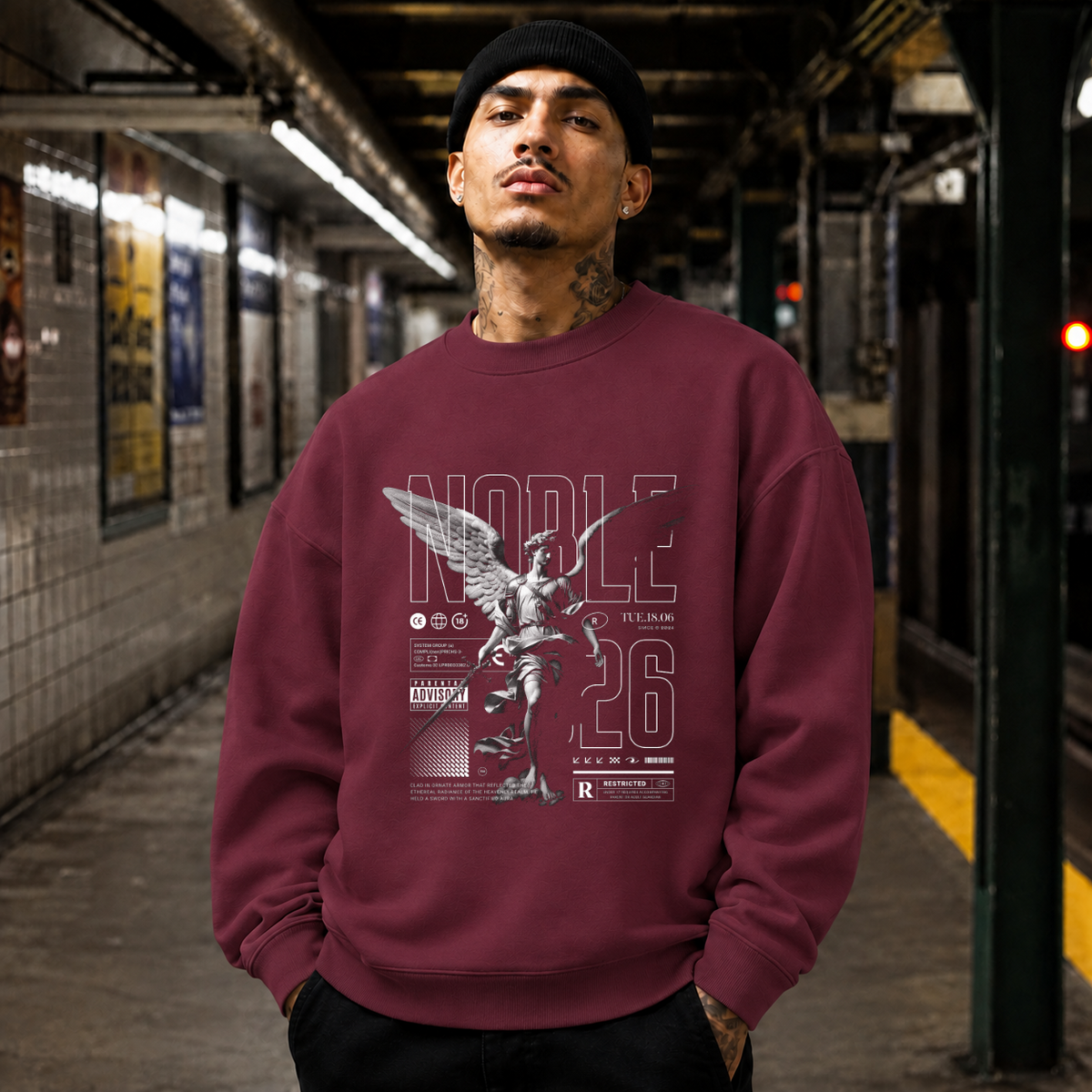 Noble Sword Angel T-Shirt – Dark Editorial / Gothic Streetwear Tee - Color: maroon