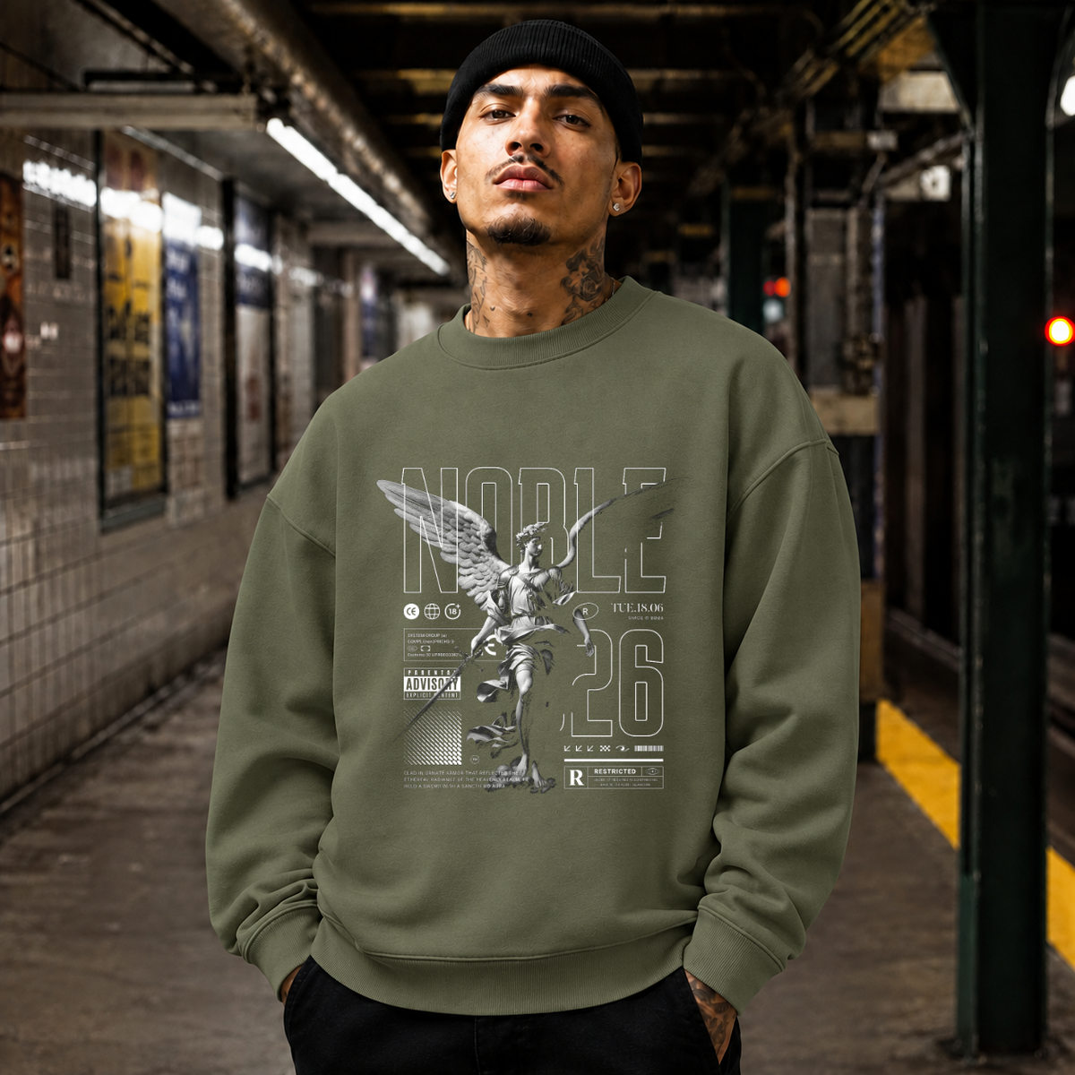 Noble Sword Angel T-Shirt – Dark Editorial / Gothic Streetwear Tee - Color: military green