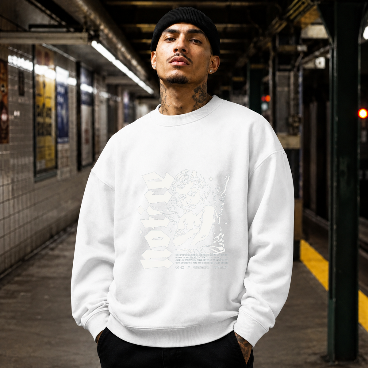 Notice Cherub Statue T-Shirt – Religious Imagery Collage Graphic Tee - Color: white