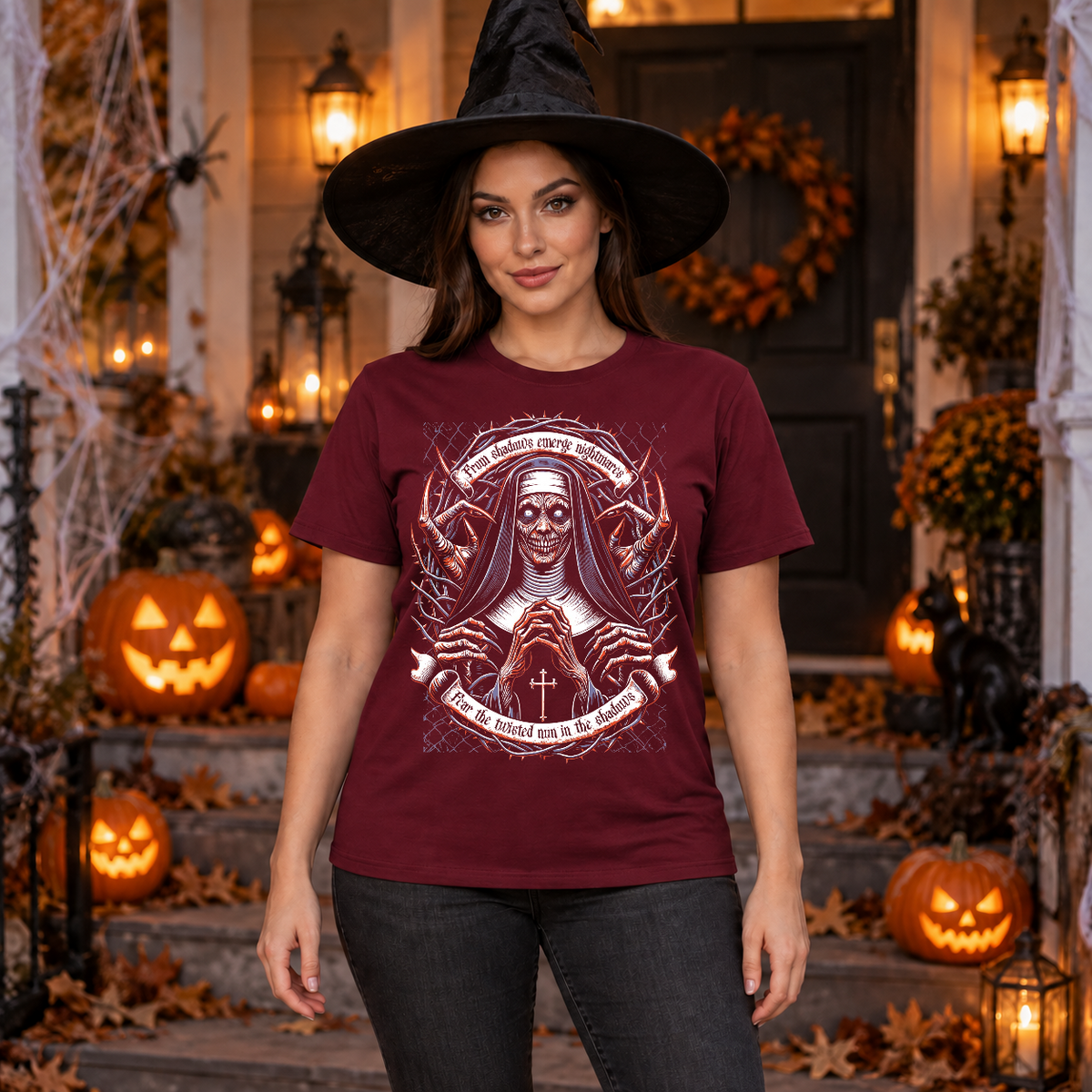 Nun of Nightmares T-Shirt – Skull & Reaper Gothic Graphic Graphic Tee - Color: maroon