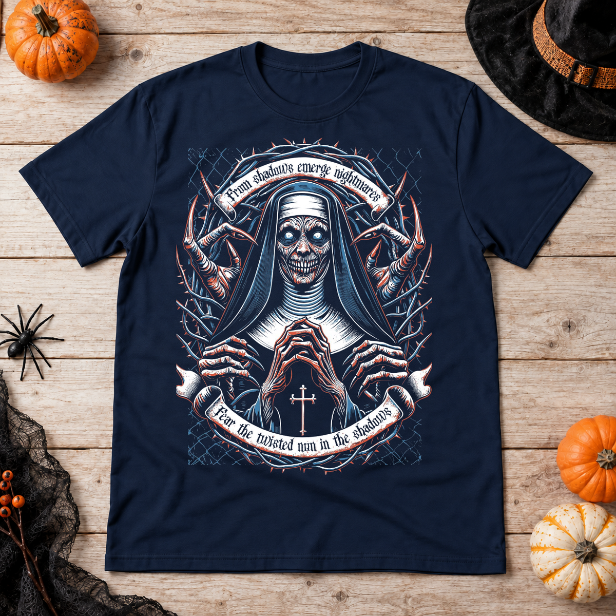 Nun of Nightmares T-Shirt – Skull & Reaper Gothic Graphic Graphic Tee - Color: navy