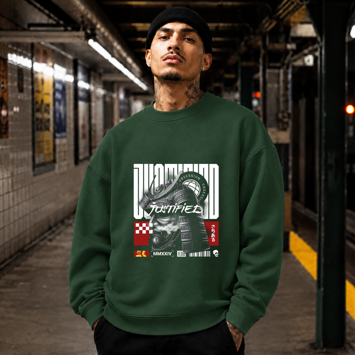 Obsession Justified Robot Armor Sweatshirt – Contemporary Gothic Graphic Design Sweatshirt - Color: forest green