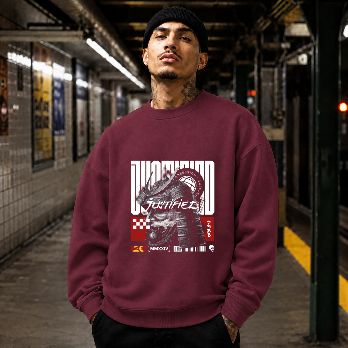 Obsession Justified Robot Armor Sweatshirt – Contemporary Gothic Graphic Design Sweatshirt - Color: maroon