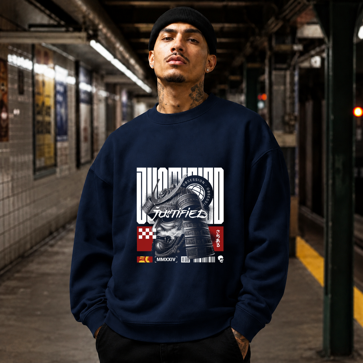 Obsession Justified Robot Armor Sweatshirt – Contemporary Gothic Graphic Design Sweatshirt - Color: navy
