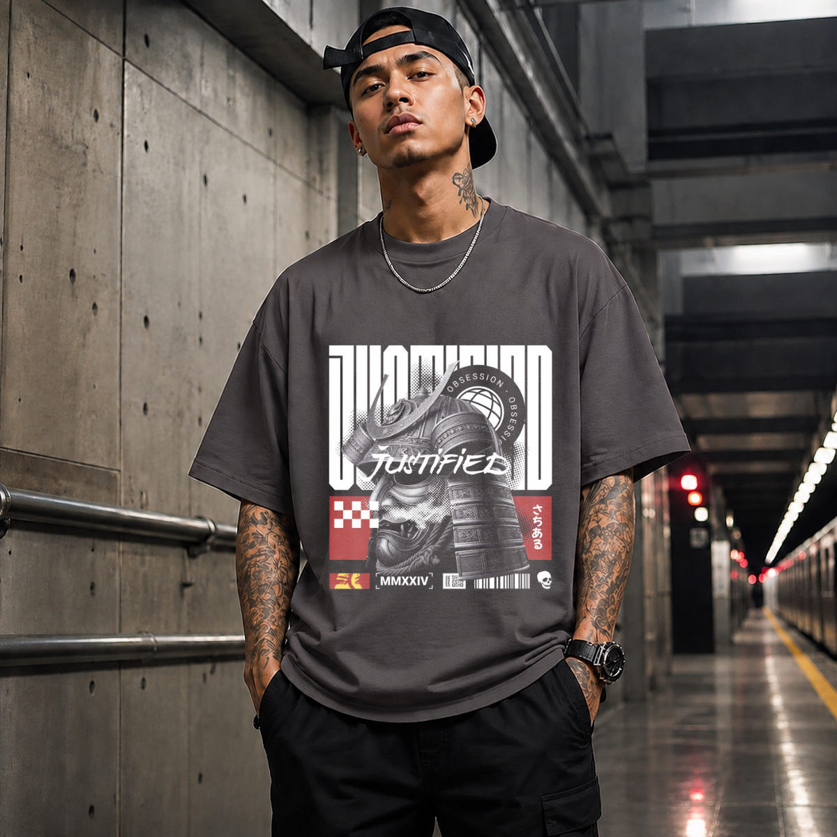 Obsession Justified Robot Armor T-Shirt – Contemporary Gothic Graphic Design Tee - Color: Charcoal