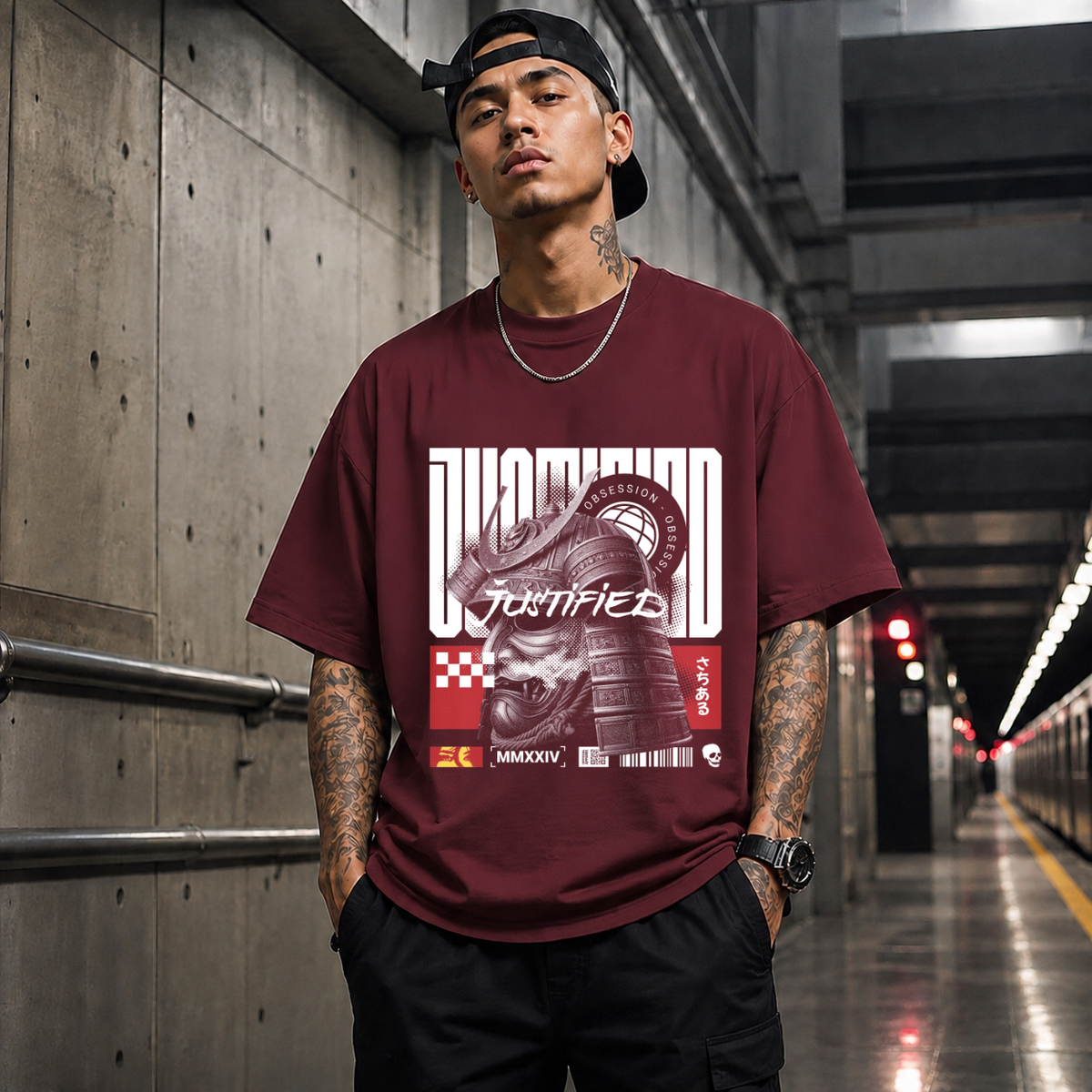 Obsession Justified Robot Armor T-Shirt – Contemporary Gothic Graphic Design Tee - Color: Maroon