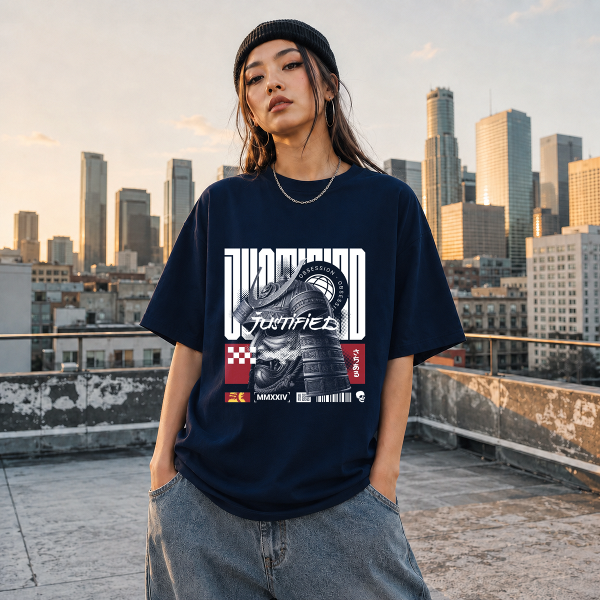 Obsession Justified Robot Armor T-Shirt – Contemporary Gothic Graphic Design Tee - Color: Navy