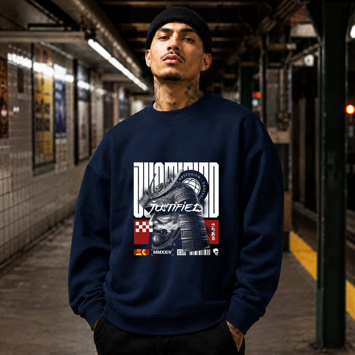 Obsession Justified Robot Armor T-Shirt – Contemporary Gothic Graphic Design Tee - Color: navy