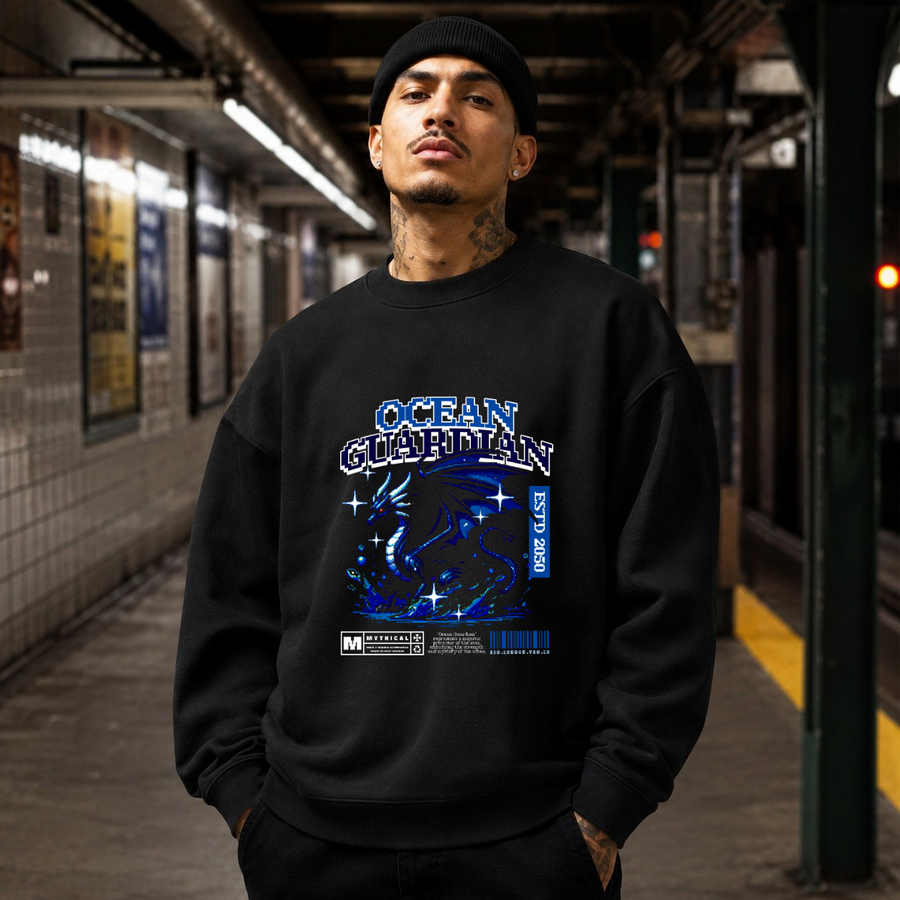 Ocean Guardian Dragon Sweatshirt – Vintage Y2K / Acid Graphic Streetwear Sweatshirt - Color: black