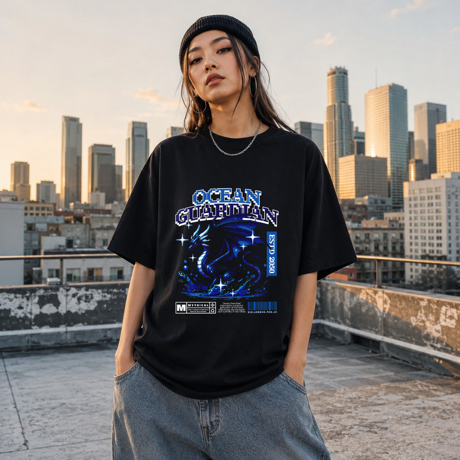 Ocean Guardian Dragon T-Shirt – Vintage Y2K / Acid Graphic Streetwear Tee - Color: Black