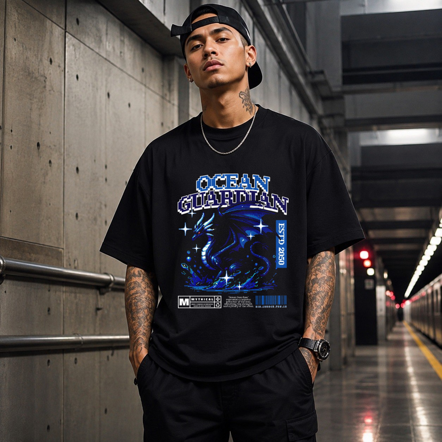 Ocean Guardian Dragon T-Shirt – Vintage Y2K / Acid Graphic Streetwear Tee - Color: Black