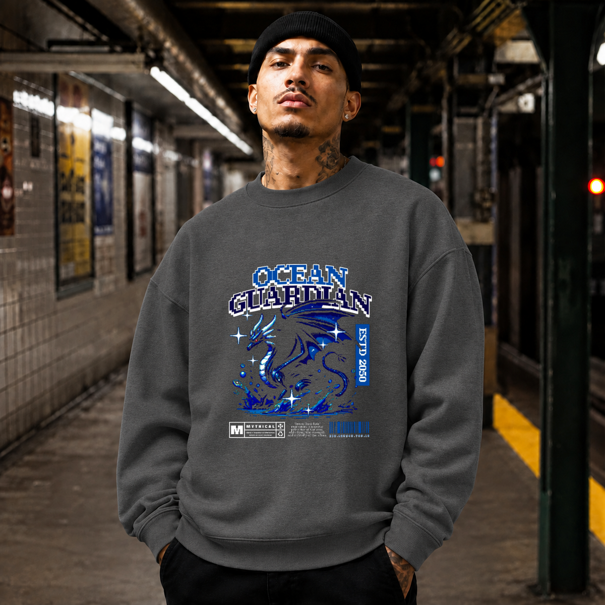 Ocean Guardian Dragon T-Shirt – Vintage Y2K / Acid Graphic Streetwear Tee - Color: dark heather