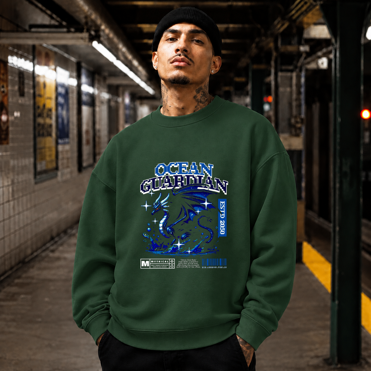 Ocean Guardian Dragon T-Shirt – Vintage Y2K / Acid Graphic Streetwear Tee - Color: forest green