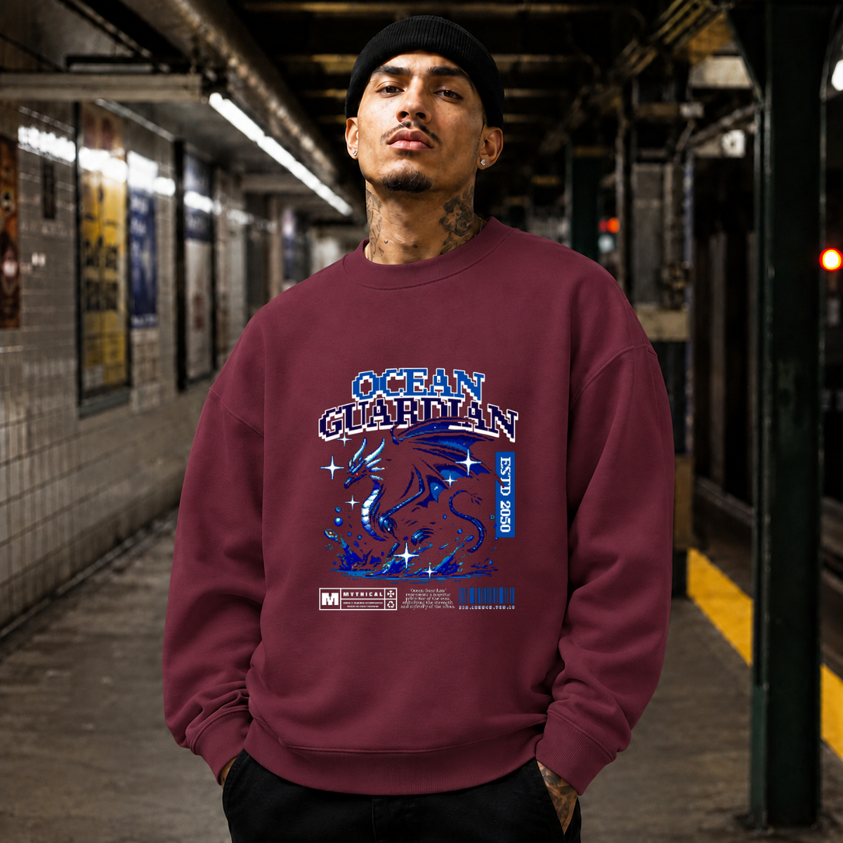 Ocean Guardian Dragon T-Shirt – Vintage Y2K / Acid Graphic Streetwear Tee - Color: maroon