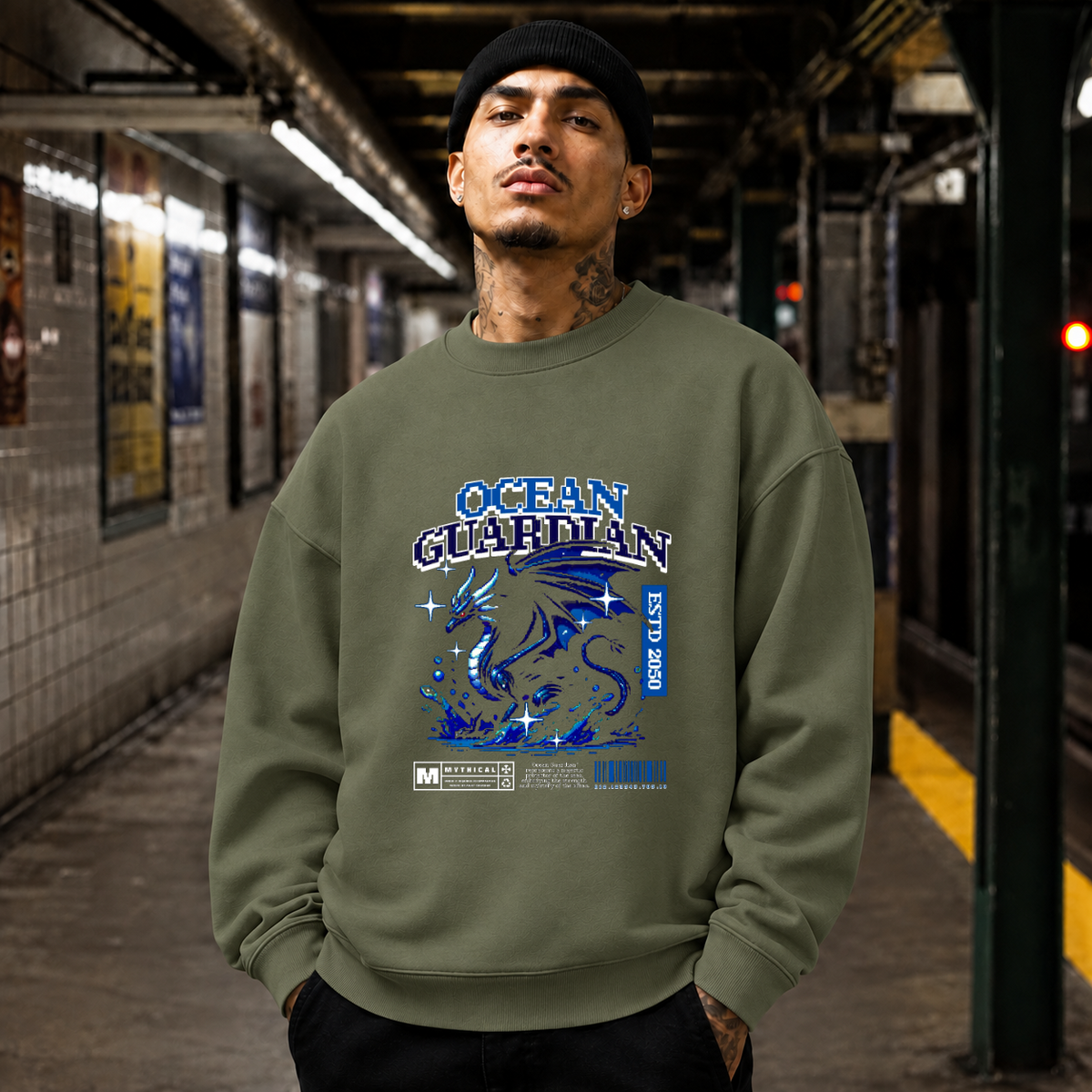 Ocean Guardian Dragon T-Shirt – Vintage Y2K / Acid Graphic Streetwear Tee - Color: military green