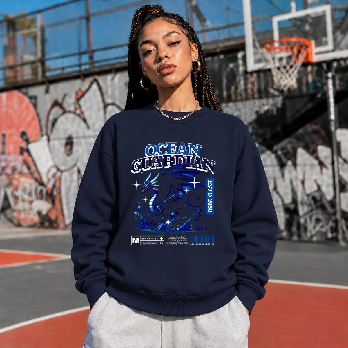 Ocean Guardian Dragon T-Shirt – Vintage Y2K / Acid Graphic Streetwear Tee - Color: navy