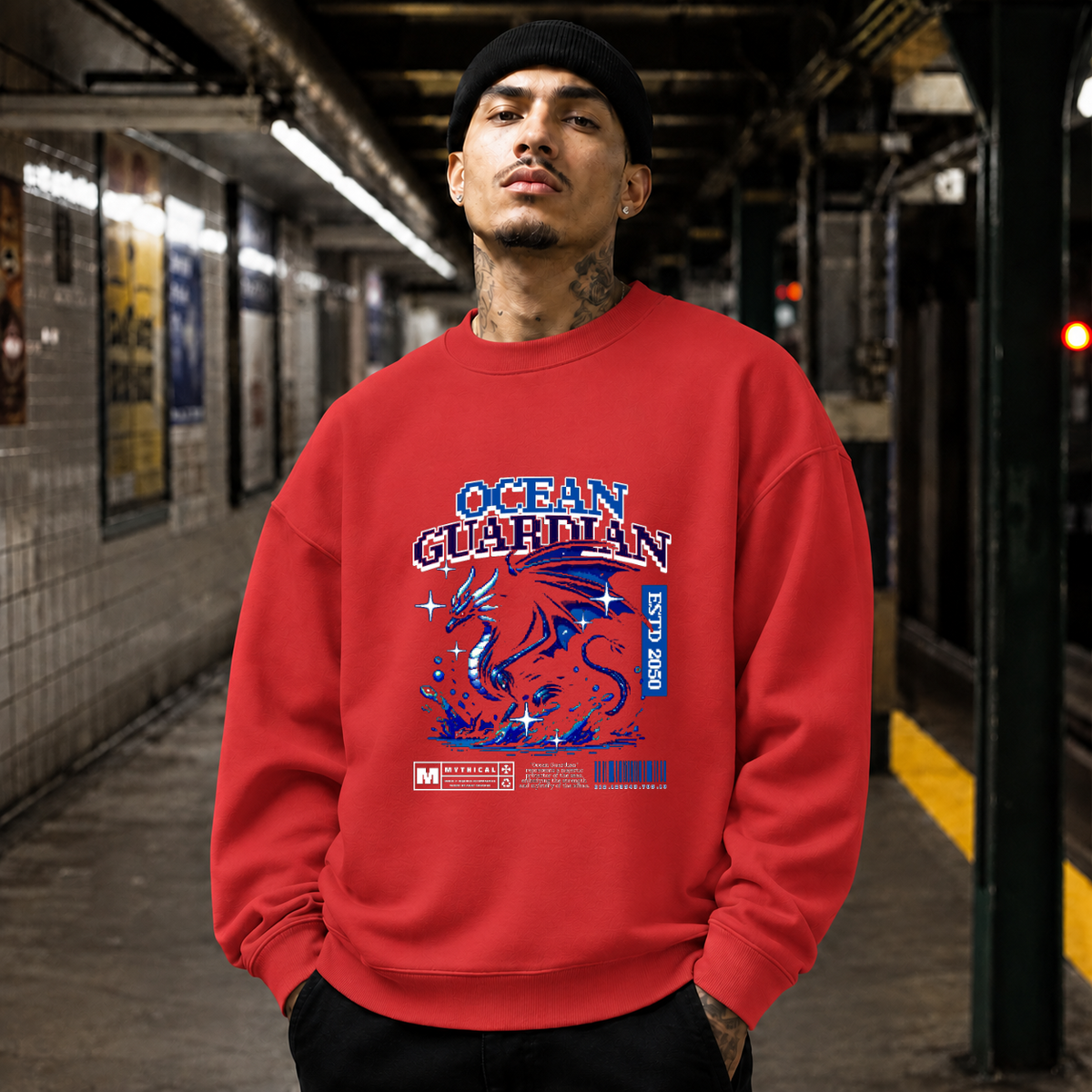 Ocean Guardian Dragon T-Shirt – Vintage Y2K / Acid Graphic Streetwear Tee - Color: red