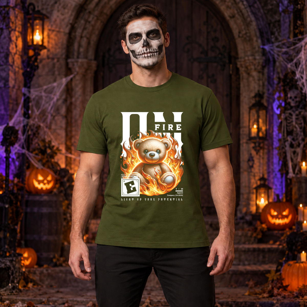 On Fire T-Shirt – Dark Editorial Graphic Design Graphic Tee - Color: military green