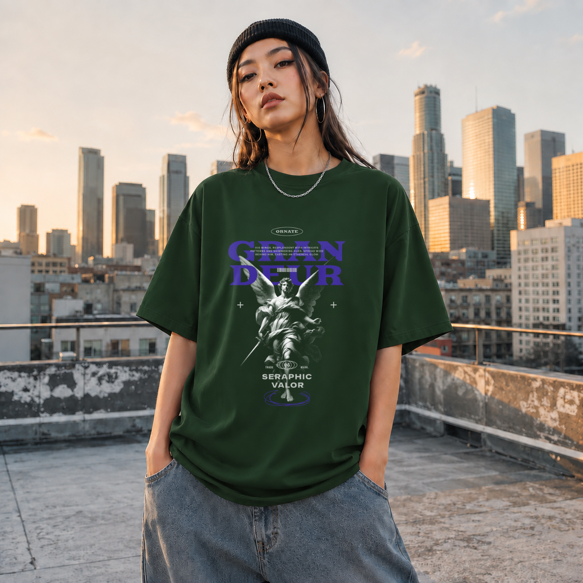 Ornate Grandeur Seraphic Valor Statue T-Shirt – Dark Art / Renaissance Aesthetic Graphic Tee - Color: Forest Green
